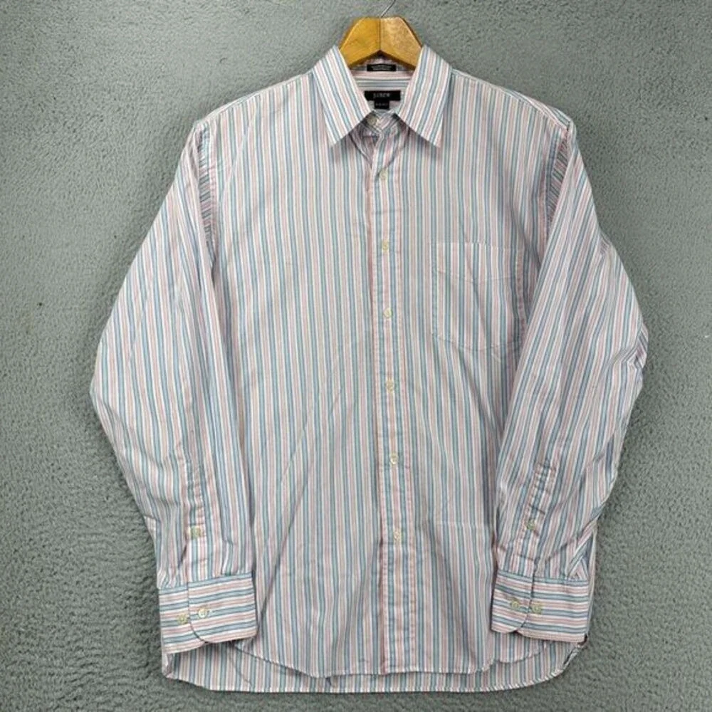 J Crew Dress Shirt Adult Medium 15-15.5 Blue Pink Striped Button Up Pocket Mens